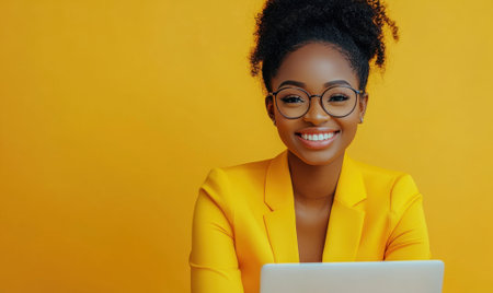 Young smiling businesswoman is working remotely using laptop in a cozy cafe, enjoying her coffee break and flexible work schedule. Panorama bannerの素材