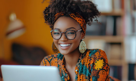 Young smiling businesswoman is working remotely using laptop in a cozy cafe, enjoying her coffee break and flexible work schedule. Panorama bannerの素材