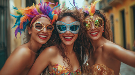 Three happy women wearing colorful costumes and feather masks are smiling and enjoying the brazilian carnival street partyの素材