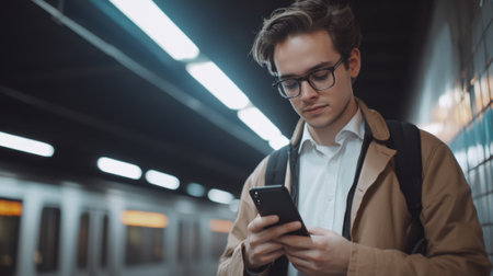 Stylish businessman using mobile phone app while waiting for subway in metro stationの素材
