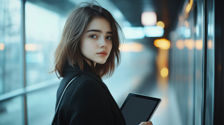 Businesswoman using digital tablet while waiting for subway train in stationの素材