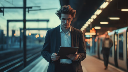 Young businessman using digital tablet while waiting for train at subway stationの素材