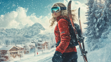 Skier carrying skis and wearing a red jacket and backpack walking up a snowy mountainside in a ski resortの素材
