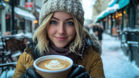 Smiling blonde woman wearing winter clothes holding a cup of latte with latte art during a snowfall in a city streetの素材