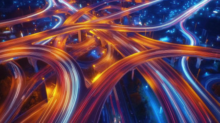 Long exposure aerial view of a highway interchange at night with light trails from carsの素材