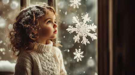 Curious child looking through window decorated with snowflakes while snow is falling outsideの素材
