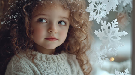 Curious child looking through window decorated with snowflakes while snow is falling outsideの素材