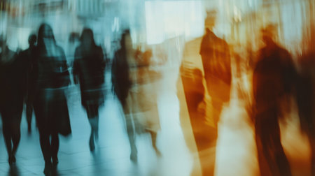Business people are walking in a modern building corridor, zoom effect and motion blur filter appliedの素材