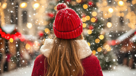 Woman wearing winter clothes admiring christmas lights on a snowy day, enjoying the festive atmosphereの素材