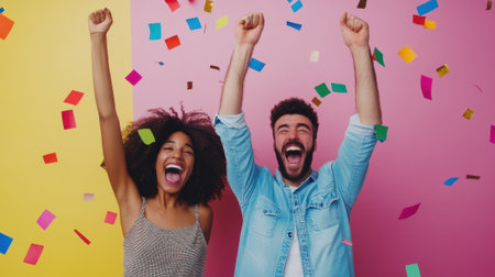 Excited man and woman celebrating with confetti and arms raised, expressing pure joy and excitement on a colorful backdropの素材