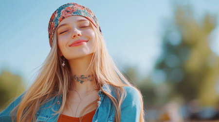 Studio portrait of smiling blonde fashion model touching her hair, wearing summer sweater, with closed eyes and pink backgroundの素材
