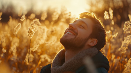 Young man wearing hat and glasses raising his arms and laughing in celebration at a music festivalの素材