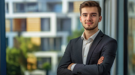 Portrait of a businessman standing outside with arms crossed, exuding confidence and professionalism in a corporate settingの素材