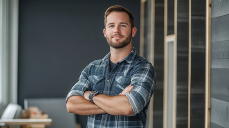 Portrait of a businessman standing outside with arms crossed, exuding confidence and professionalism in a corporate settingの素材