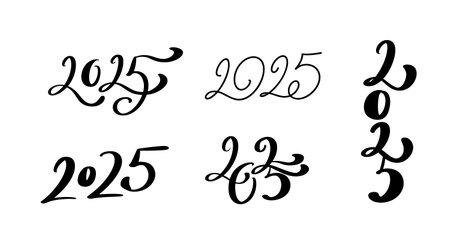 Hand drawn collection of 2025 lettering numbers in different calligraphic styles for new year greeting card or party invitation designのイラスト素材