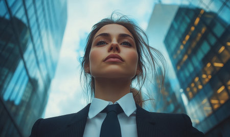 Confident businesswoman in a stylish suit and tie, exuding power and ambition, photographed from a low angle in an urban setting under bright sunlightの素材