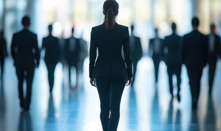 Confident businesswoman striding away from a blurred crowd in a contemporary convention center hallway, symbolizing ambition and leadershipの素材