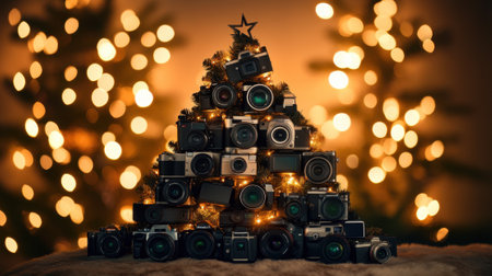 Christmas tree made of cameras, with golden glowing lights, in a cameras store.の素材