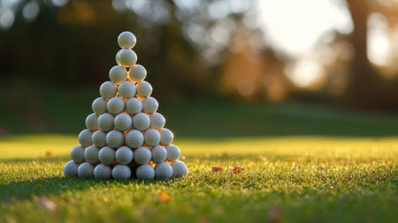 Christmas tree with golf balls on on the golf course, winter holidays on sport pitch lawn, copy space.の素材