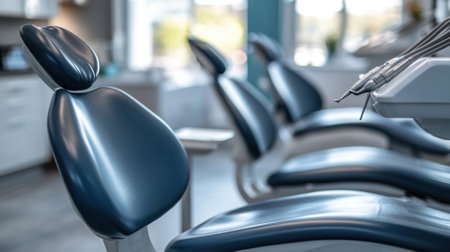 Modern and clean dentist's office with equipment, chair, and medical devices, all set for patientsの素材