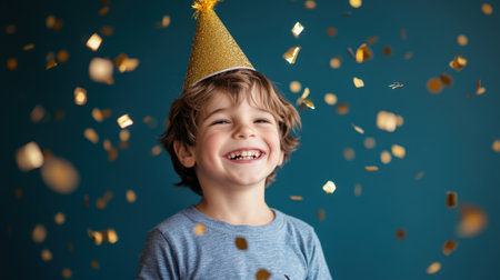 Joyful child wearing a golden party hat, laughing amidst falling golden confetti against a vibrant teal backgroundの素材
