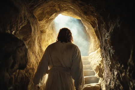 Jesus Christ is walking out of his tomb after being resurrected, representing hope and new life Easter holiday.の素材