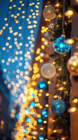 Warm white string lights with silver leaves glow against a dark blue backdrop, creating a festive, magical atmosphere for holidays and special occasions. Vectical formatの素材