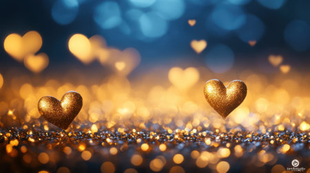 Golden glitter hearts glowing on a sparkling background create a romantic and festive atmosphereの素材