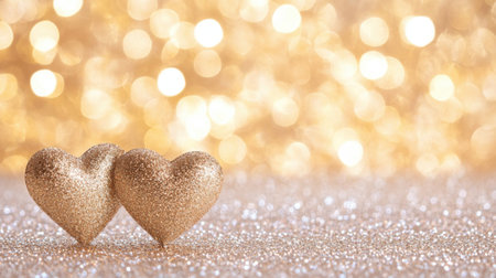 Golden glitter hearts glowing on a sparkling background create a romantic and festive atmosphereの素材