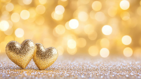 Golden glitter hearts glowing on a sparkling background create a romantic and festive atmosphereの素材