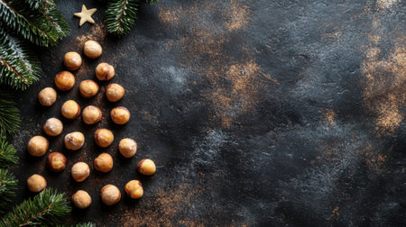 Christmas tree made of Macadamia nuts standing on snowy wooden table with lights in the background.の素材