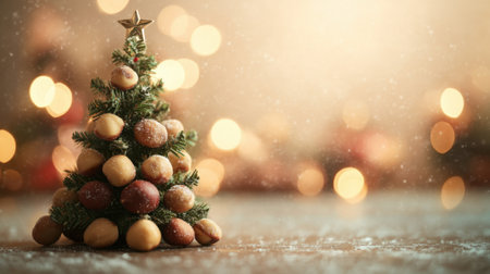 Christmas tree made of Macadamia nuts standing on snowy wooden table with lights in the background.の素材