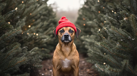 dog Happy shepherd dog with a red Santa hat poses in front of decorated Christmas tree and colorfully wrapped presents.の素材