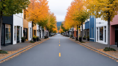 Autumn scene with yellow leaves blanketing the residential street lined with white colonial houses and fall foliageの素材