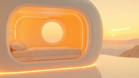 Modern, minimalist bedroom design with round windows, integrated lighting, and a breathtaking ocean view during sunsetの素材