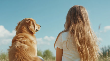 Young girl and her dog enjoying a peaceful moment together in a sunny field, surrounded by nature's beautyの素材