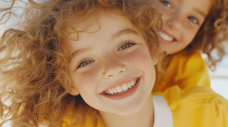 Two vibrant young models with curly red hair and freckles are beaming, displaying flawless smiles, advocating for dental care and beautyの素材