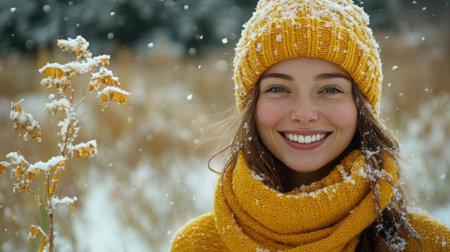Close up portrait of a stunning young brunette model in a yellow woolen scarf, showcasing her captivating blue eyes while covering her mouth and noseの素材