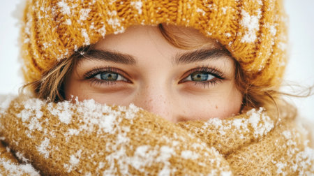 Close up portrait of a stunning young brunette model in a yellow woolen scarf, showcasing her captivating blue eyes while covering her mouth and noseの素材