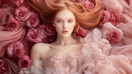 Beautiful young blonde woman in a pink peony dress posing in a studio surrounded by pink peonies for a portraitの素材
