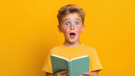 Surprised blonde boy in a yellow t shirt holding a book with an astonished look on a bright yellow backdropの素材