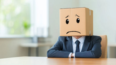 Businessman sitting at desk with cardboard box on his head with sad face drawn on it, expressing sadness and depressionの素材