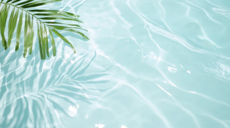 Tropical palm leaf casting a shadow on a gently waving turquoise water surface, creating a serene and refreshing summer backgroundの素材