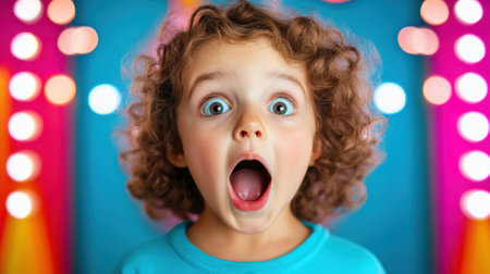 Close up of amazed redhead child expressing wonder and excitement in amusement park with colorful bokeh lights in backgroundの素材