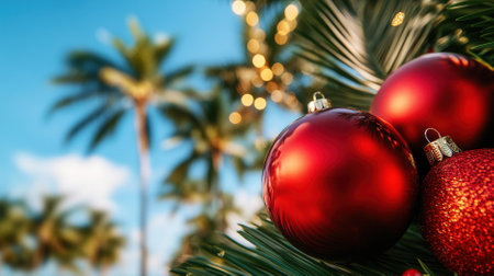 Red christmas baubles hanging on a decorated pine tree with blurred palm trees and blue sky in the background, celebrating christmas in a tropical destinationの素材