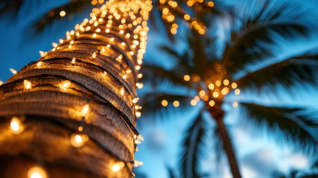 Warm string lights illuminate a tropical palm tree, creating a festive atmosphere at duskの素材
