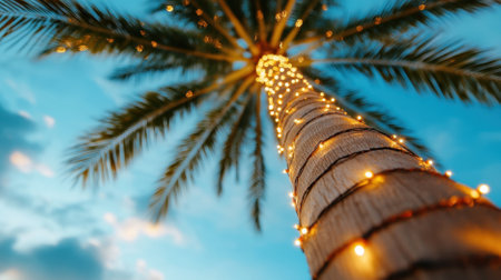 Warm string lights illuminate a tropical palm tree, creating a festive atmosphere at duskの素材