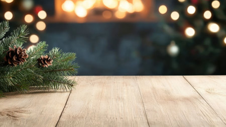Wooden empty table top illuminating winter decorated living room with fireplace and christmas tree lights creating cozy atmosphereの素材