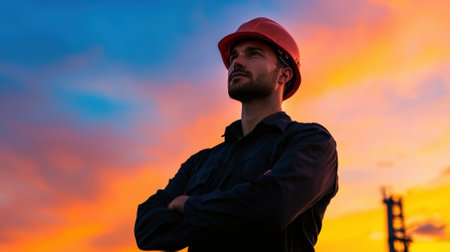 Electrical engineer reviews blueprints at a power distribution substation during a vibrant sunset, ensuring efficient energy supplyの素材