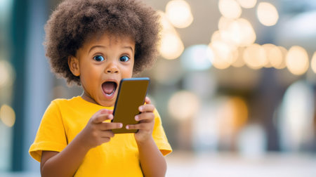 Cute surprised toddler boy holding a smartphone while sitting in the park, displaying an amazed expression as he interacts with the deviceの素材